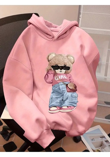 Kışlık Kapüşonlu Sweatshirt, Kız Çocuk Karikatür Baskılı Kapüşonlu, Pembe