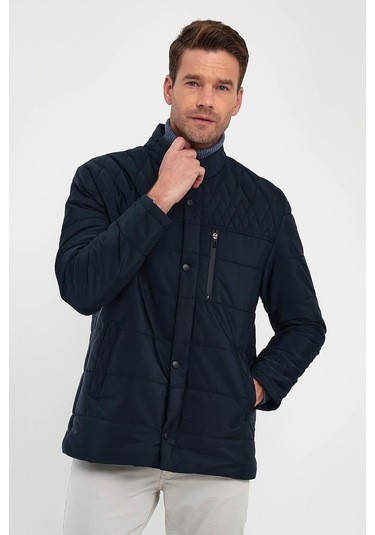 Erkek Lacivert Standart Fit Normal Kesim Içi Kürklü Dik Yaka Çıtçıt Detaylı Fermuarlı Kışlık Mont-Lacivert