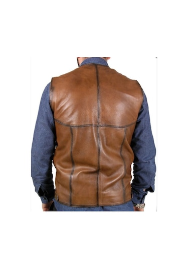 Hakiki Kuzu Derisi Kahverengi Leon Düğmeli Erkek Deri Yelek Taba