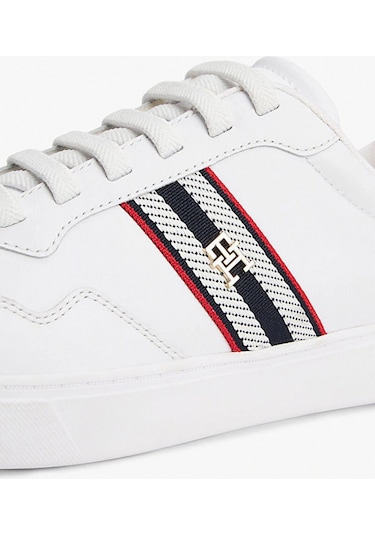 Tommy Hilfiger Th Dokuma Şeritli Düz Taban Kadın Beyaz Sneaker Fw0fw09001ybs Beyaz