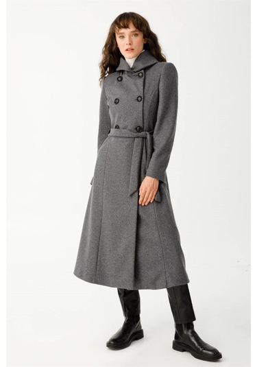 Boğum Yakalı Kruvaze Manto Antrasit-antrasit Antrasit