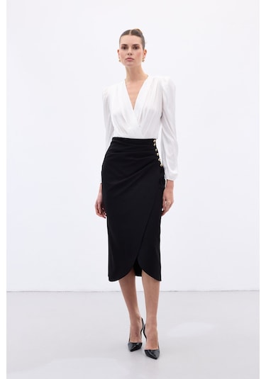 Sateen Düğme Detaylı Kalem Etek - Siyah-136776 Siyah