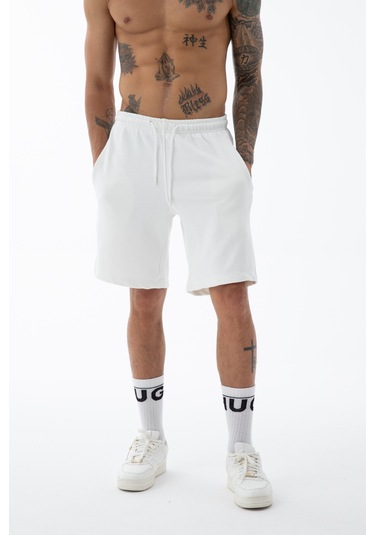 Erkek Beyaz Yüksek Kalite Relax-fit Rahat Kesim %100 Pamuk Bağcıklı Siyah Düz Basic Şort Beyaz