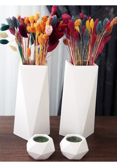 Geometrik Uzun Vazo 20 Cm Ve Geometrik Tealight Mumluk Set 4 Parça Ham Beyaz Beyaz