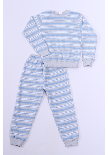 Hçm Erkek Çocuk Pijama Takımı Çizgili Ribanalı A35 Mavı