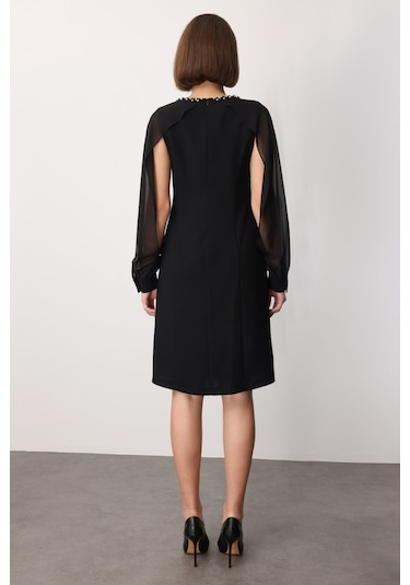 Ekol Kadın Boncuk Detaylı Kolları Tül Midi Elbise 4011 Siyah Siyah