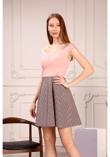 Aymeravm - Eteği Çizgili Kadın Elbise - Gsp3106Ga Pudra