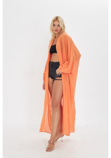 Kutaf Turuncu Uzun Yumusak Ipek Karısımlı Kimono / Beachwear Turuncu