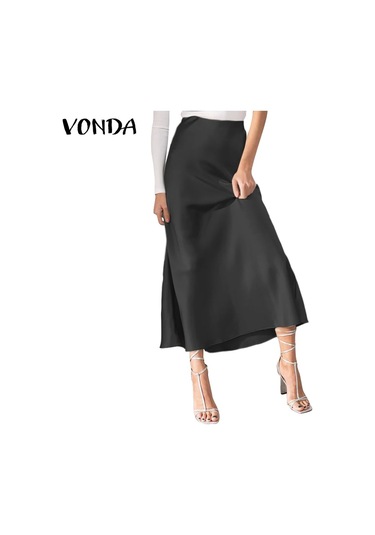 Vonda 2024 Yazlık Kadın Saten Pilili Yüksek Bel Parti Eteğiblack Black