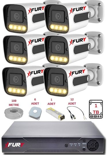 Fury 6 Kameralı Set Full Hd Gece Renkli Görüş - Cepten İzle - Su Geçirmez Güvenlik Kamerası Seti 1tb