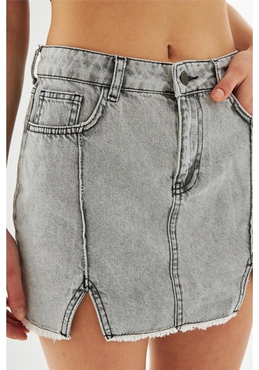 Kadın Pileli Yırtmaçlı Yüksek Bel Mini Kot Etek Antrasit-antrasit Antrasit