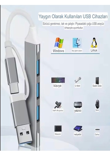 Alüminyum Metalik 4'ü 1 Arada Usb + Type-c Çevirici, Usb 3.0 Hızl
