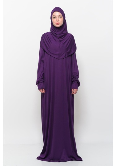 Pratik Tek Parça Pamuklu Yarasa Kollu Tak Çıkar Başörtülü Tesettür Namaz Elbisesi Mürdüm Çok Renkli