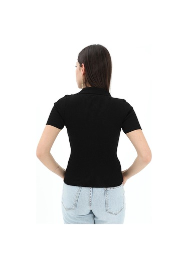 Polo Yakalı Kısa Kol Triko Kazak - Siyah - Kadın Siyah