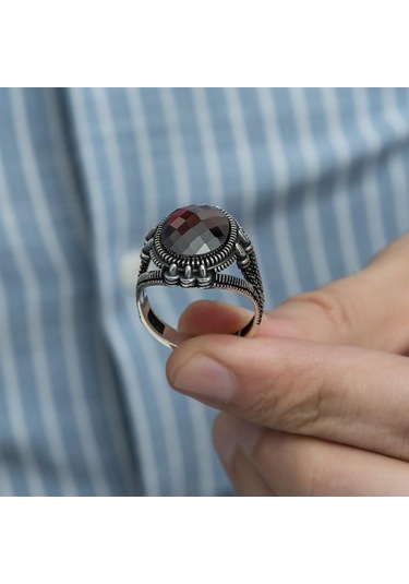 Oval Kırmızı Taşlı 925 Gümüş Erkek Yüzük