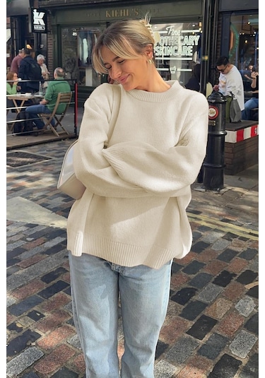 Madmext Madmext Bisiklet Yaka Oversize Triko Kazak MG1972 Ekru