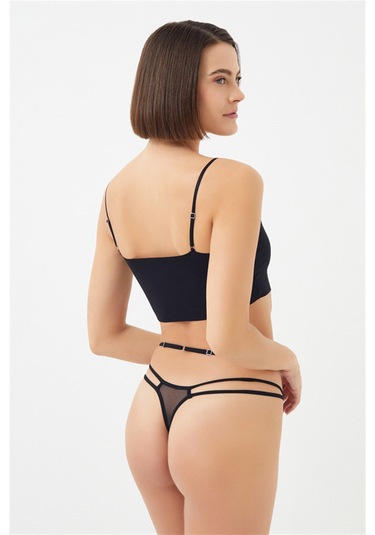 Siyah Dantelli Taş Detaylı Ayarlanabilir Lastikli Kadın Tanga Külot