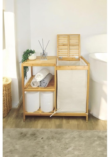Digithome Bambu 3 Raflı Kumaş Sepetli Banyo Düzenleyici Kirli Çamaşır Sepeti D/8 Jw-22750 Naturel