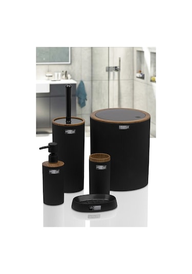 Siyah Ahşap Desenli Çizgili Yuvarlak 5'li Banyo Seti - Sabunluk, Sıvı Sabunluk, Çöp Kovası, Tuvalet Fırçası Ve Diş Fırçalık Siyah