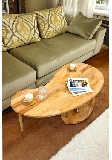 Lüx Naturel Ahşap Fasülye Orta Sehpa Ahşap Sehpa Iki Raflı Sehpa Dekoratif Sehpa Gazetelikli Ahşap