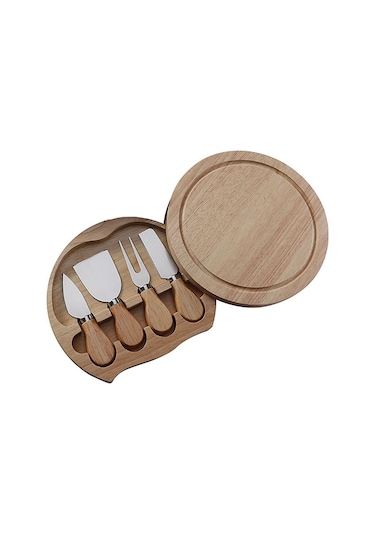 Sones 4 Adet / Set Yuvarlak Meşe Kutusu Peynir Bıçağı Spatula Paslanmaz Çelik Peynir Araçları Çatal Bıçak Takımı, Renk: Çelik Rengi