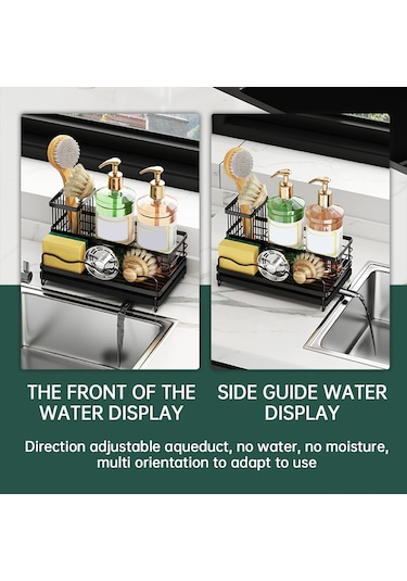 Yaozixa Paslanmaz Çelik Mutfak Sünger Tutucu - Ayarlanabilir Su Çıkışlı Ve Çıkarılabilir Fırça Askılı Siyah