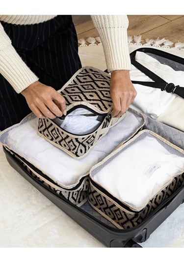 Bohe 3'lü Bavul İçi Düzenleyici Seyahat Çantası Organizer Bej