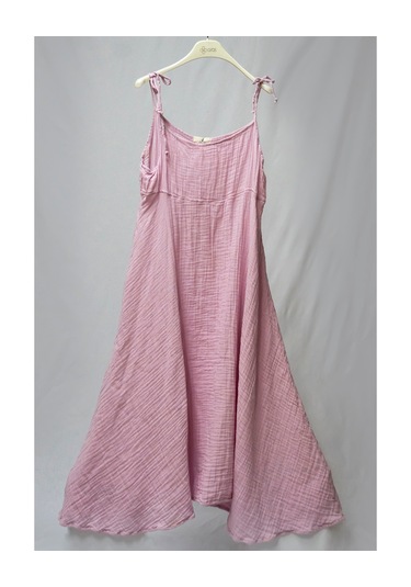 %100 Pamuk Müslin Nefes Alır Kadın Askılı Gecelik Elbise Pijama Rahat, Şık Gots Sertifikalı Açık Pembe