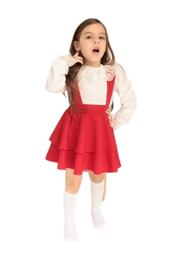 Kız Çocuk Kırmızı Elbise Helen Askılı Jile Dantelli Uzun Kol Bluz Takım 23 Nisan 29 Ekim Gösteri Kıyafeti