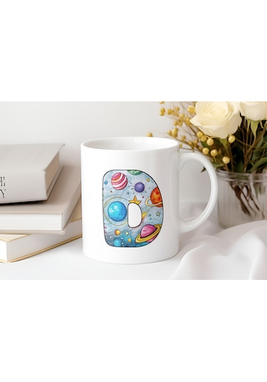 D Baş Harf Gezegen Desenli Kupa Bardak - Kişiye Özel Evren Temalı Kahve Çay Kupası - Gökyüzü Beyaz