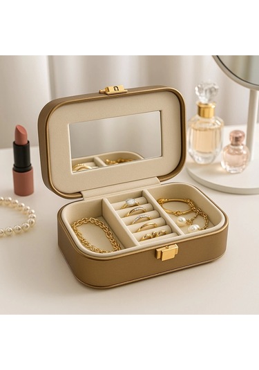 Deri Mini Seyahat Takı Bijuteri Mücevher Kutusu Organizer Düzenleyici 15cm Bronz İthal Ürün