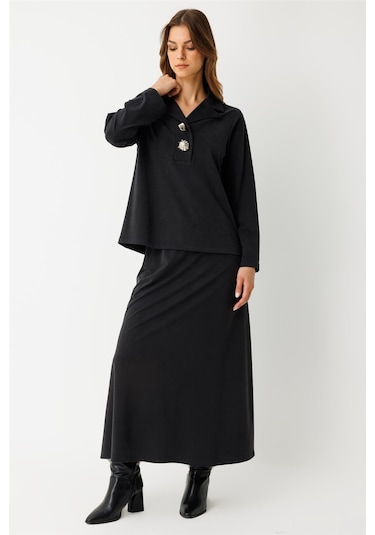 İri Düğmeli Etekli Takım Siyah Siyah