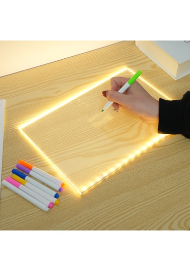 Hombey 30x20cm Led Işıklı Akrilik Çocuk Tahta - Silinebilir Kalemli, Masaüstü Dıy Boyama Tablosu + Ayağa + Temizlik Bezi Çok Renkli