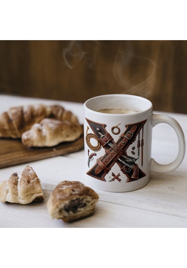 X Harfi Kovboy Temalı Bardak 330 Ml İsim / Harf Kişiye Özel Hediye - Vahşi Batı Konsept Beyaz