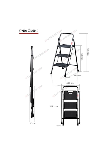 3 Basamak Siyah Merdiven Geniş Basamaklı EUROTOWER