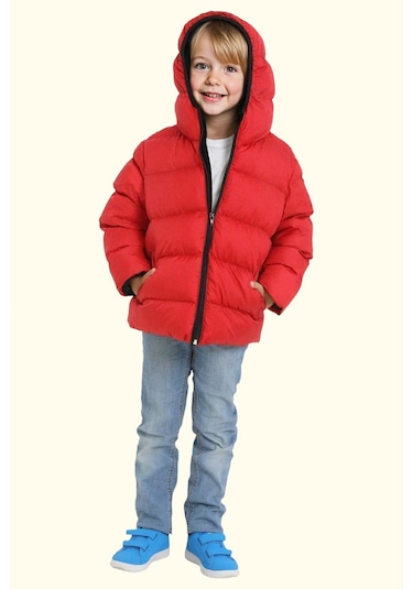 Erkek Çocuk Polarlı Kapüşonlu Su Geçirmez Rüzgara Dayanıklı Şişme Kışlık Mont Kırmızı