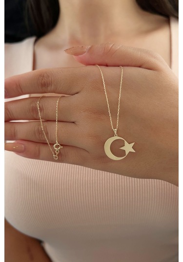 Fiyonk Kuyumculuk 14 Ayar Altın Taşsız Ay Yıldız Kolye 001
