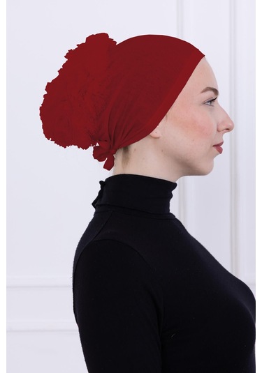 Fırfırlı Önden Dikişli Penye Bone - Kadın Tesettür Bağlamalı Topuz İç Bone-bordo Bordo