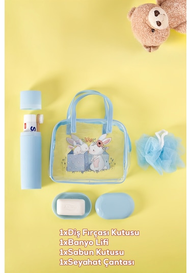Porsima 3144 Tavşan Figürlü Seyahat Seti - Diş Fırçası Kutusu Banyo Lifi Sabun Kutusu Seyahat Çantası Mavi Mavi