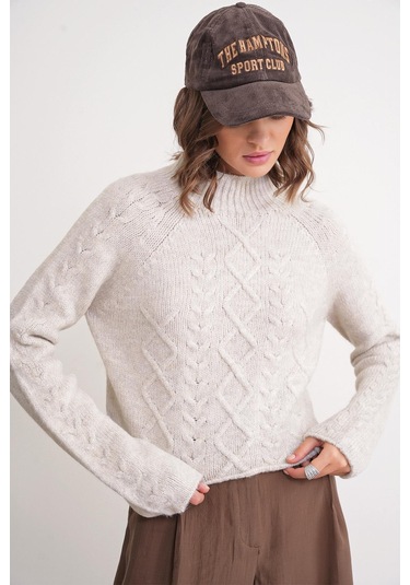 6855 Kadın Dik Yaka Saç Örgülü Triko Kazak Taş Taş