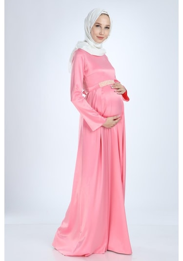 Moda Labio Modalabio Saten Tesettür Incili Pembe Hamile Elbise