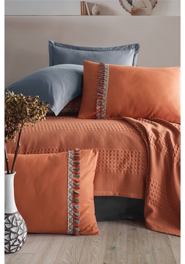 Butik Tek Kişilik Püsküllü Pike Takımı Bohamline V2 Kiremit