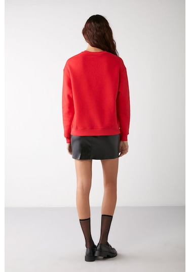 Vaneltına  Kadın Içi Polarlı 3 Iplik Organik Pamuk Oversize Basic Bisiklet Yaka Kırmızı Sweatshirt