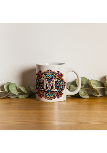 M Harfi Boho Bardak, Renkli Özel Tasarım Hediyelik Harfli Kupa, 330ml Porselen Beyaz
