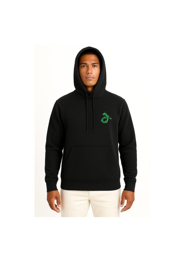 Kapüşonlu Rayquaza Cep Baskılı Unisex Sweatshirt Siyah