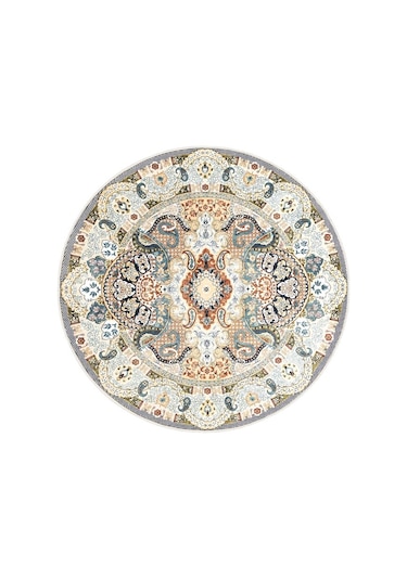 Zeminde Bir Dönüş Yuvarlak Medalyonlu Halı Tasarımı - Kaymaz Taban Krem