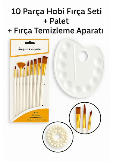 10 Lu Uzun Sap Fırça & 6 Lı Akrilik Boya & Palet & Fırça Temizeyi
