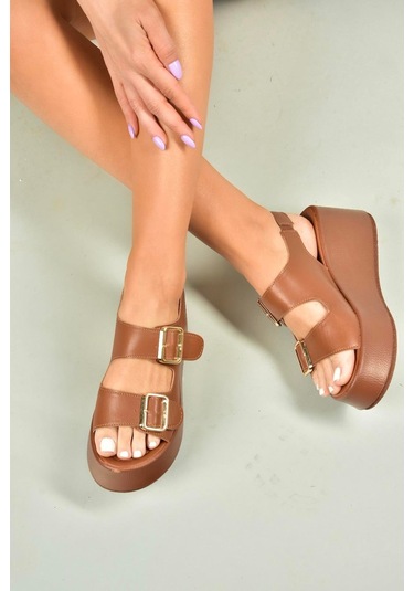 Fox Shoes U946418509 Taba Dolgu Topuklu Kadın Ayakkabı Taba-suni Deri