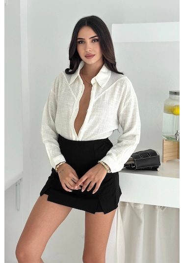 Asprin Fashion Pamuk Keten File Dantel Detaylı Gömlek Beyaz