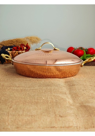 Modabakır Bakır Büyük Kapaklı Tava 24 Cm Model:5656p Bakır